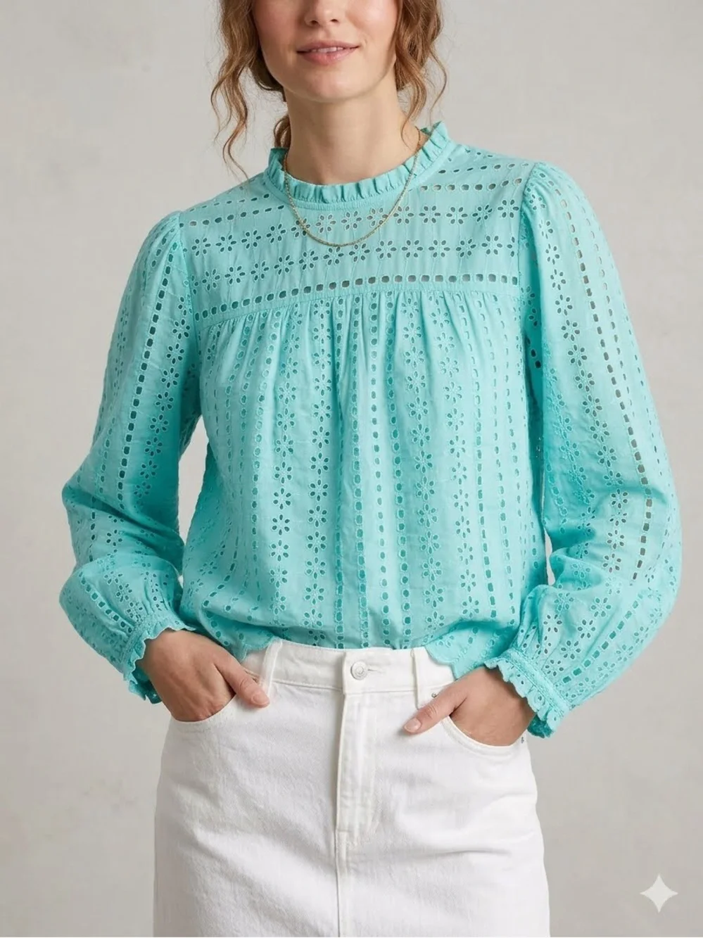 J. Crew Eyelet Lace Blouse Top Aqua Blue M High Neck Long Puff Sleeve Cotton